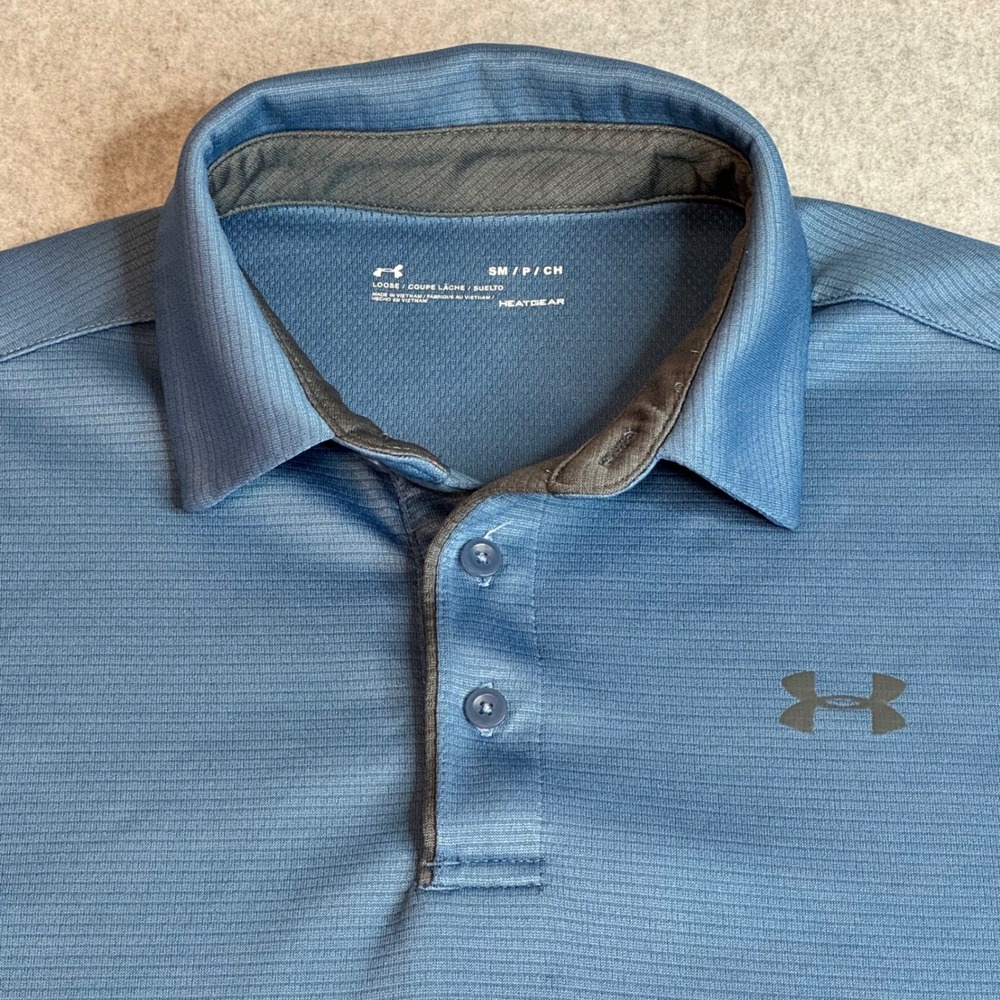 Under Armour Mens HeatGear Polo Shirt Blue Heather Stripe Loose Fit Small - Picture 5 of 7